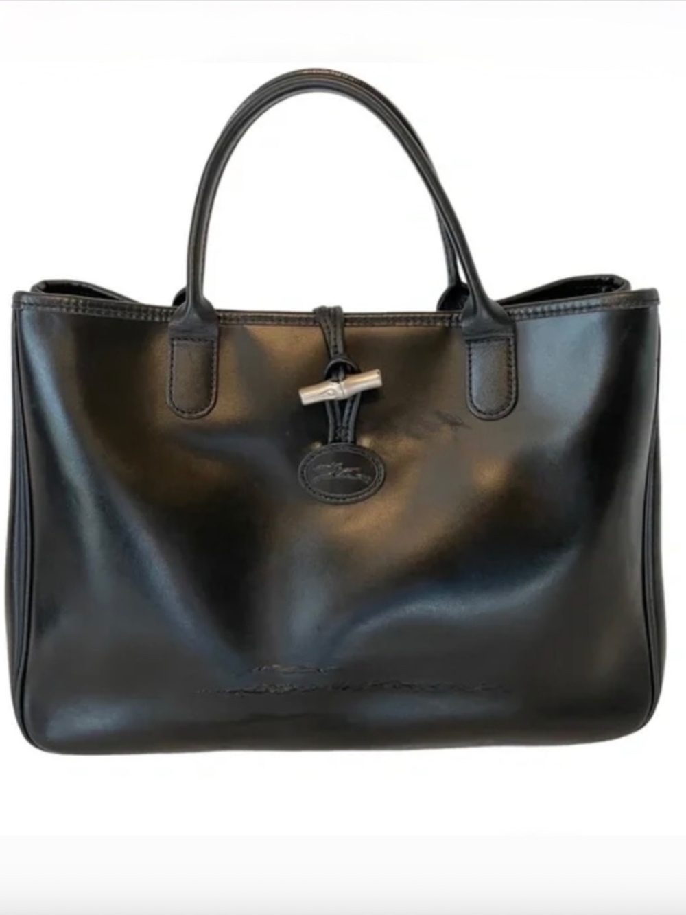 Longchamp Roseau Vintage Smooth Black Leather Hand Bag Satchel Made in France